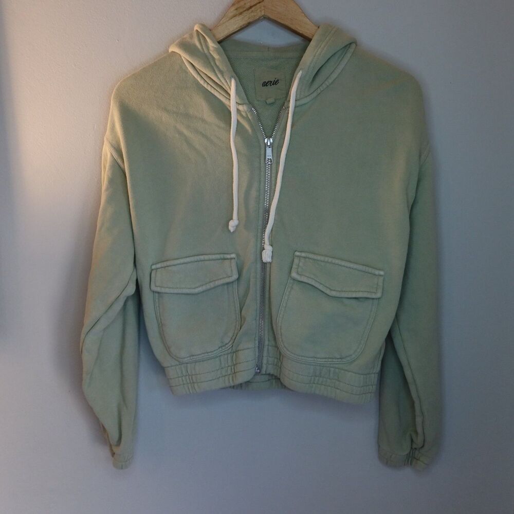 Aerie Cropped Full Zip Hoodie Sweatshirt Womens XS Green Hooded Elastic Waist